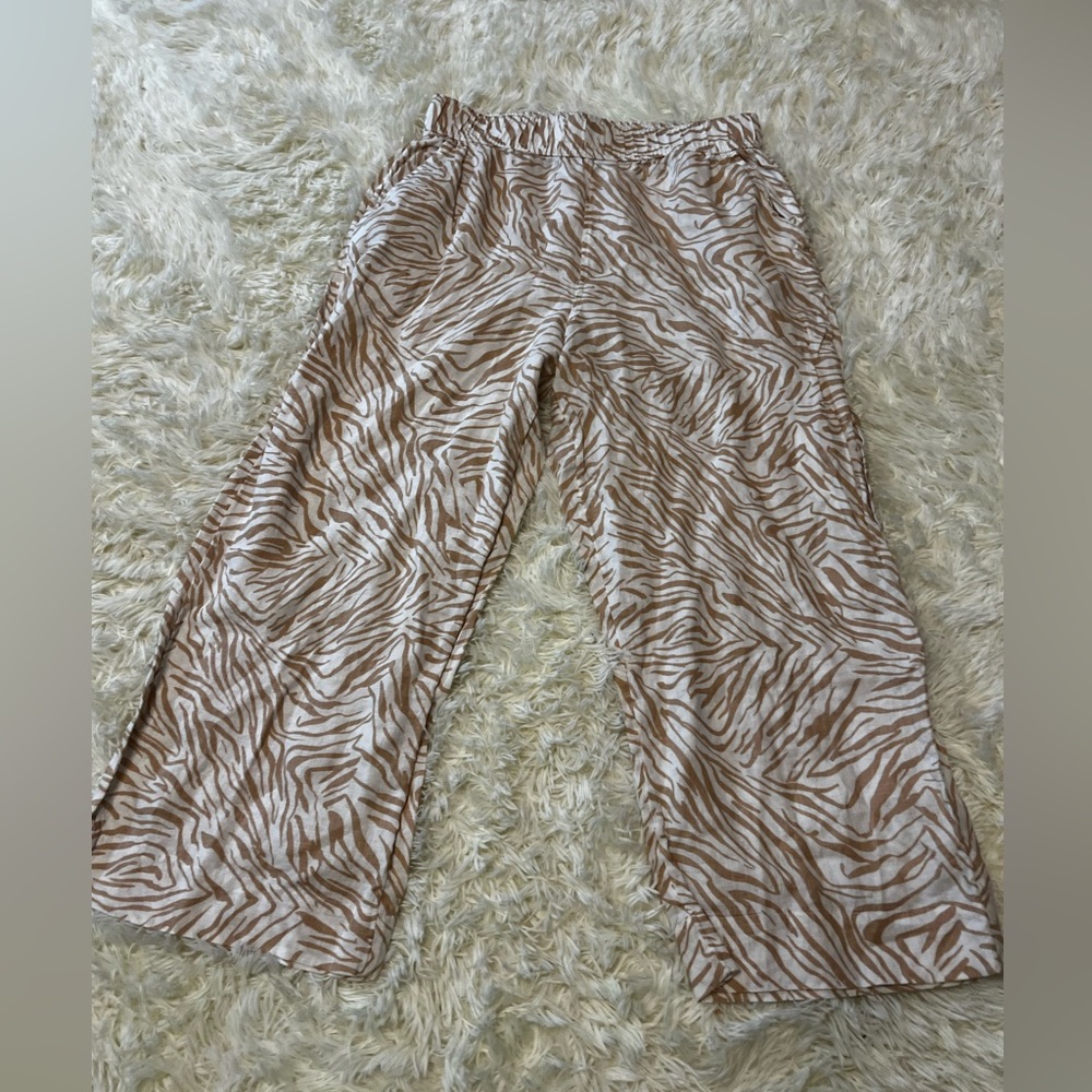 Nikole Miller Women’s White Beige Zebra 100% Linen Elastic Waist W Pockets Sze M